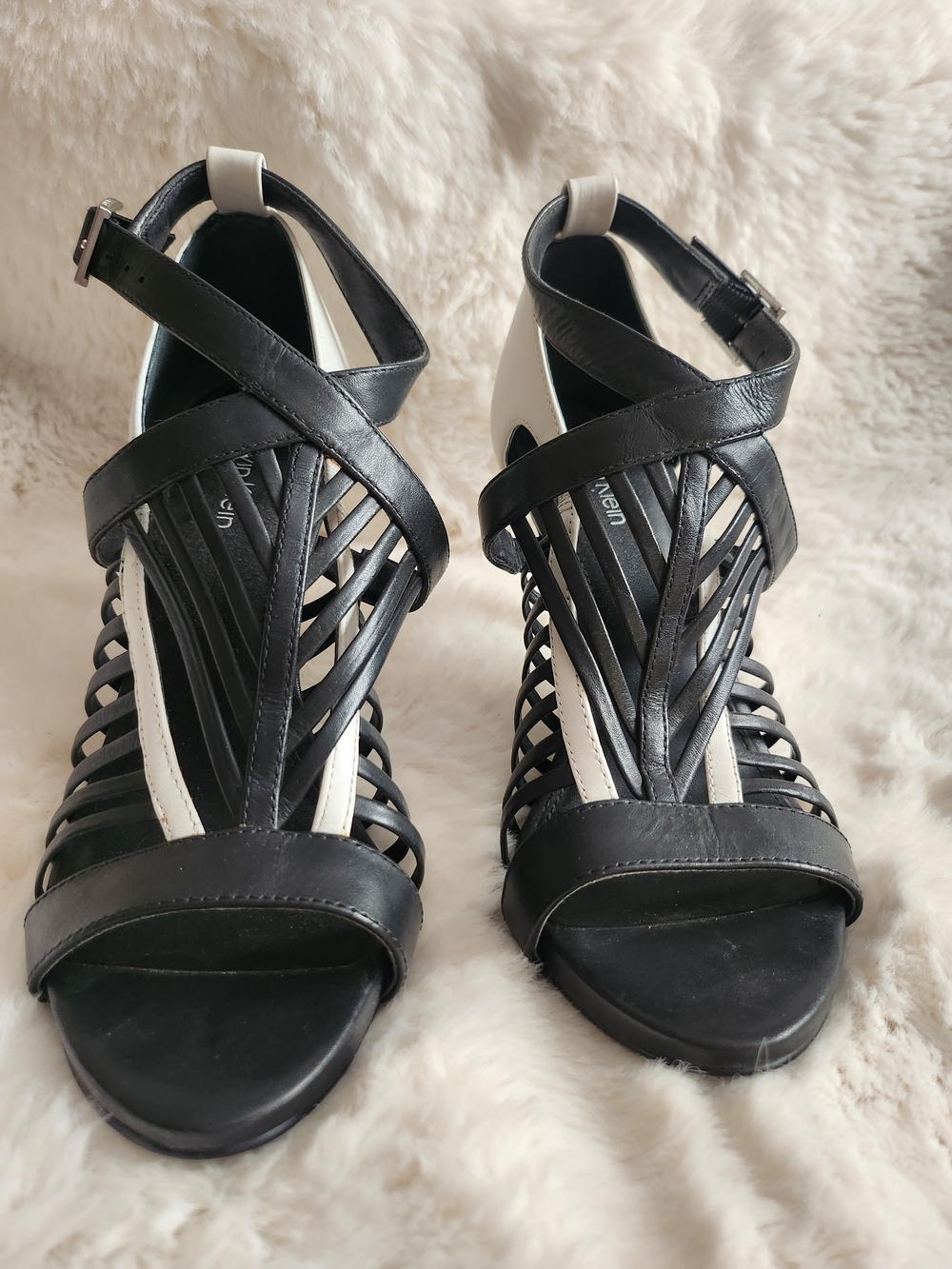 Calvin Klein Black and White Strappy High Heel Sandals - Picture 2 of 4